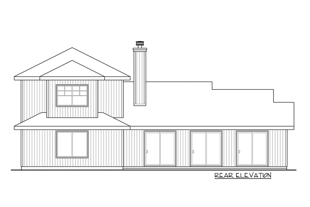 Rear elevation drawing of a two-story house plan featuring multiple sliding glass doors, a prominent chimney, and varied rooflines.
