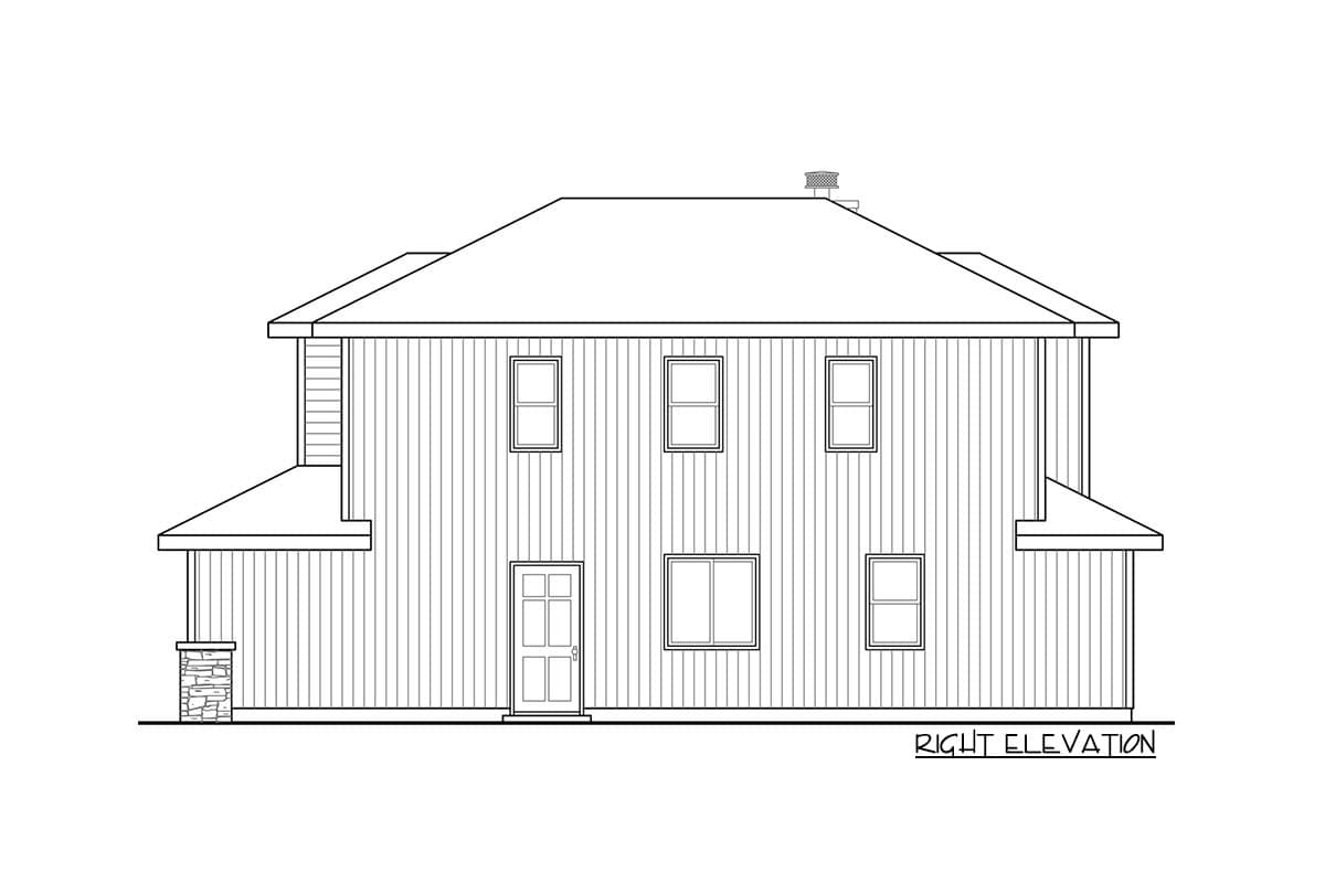 Right elevation house plan drawing. Two stories with vertical siding, gable roof, and partial porch with stone pillar.