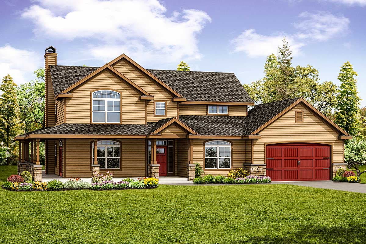 House plan exterior view, two-story Craftsman with covered porch, gabled rooflines, arched windows, and attached garage.