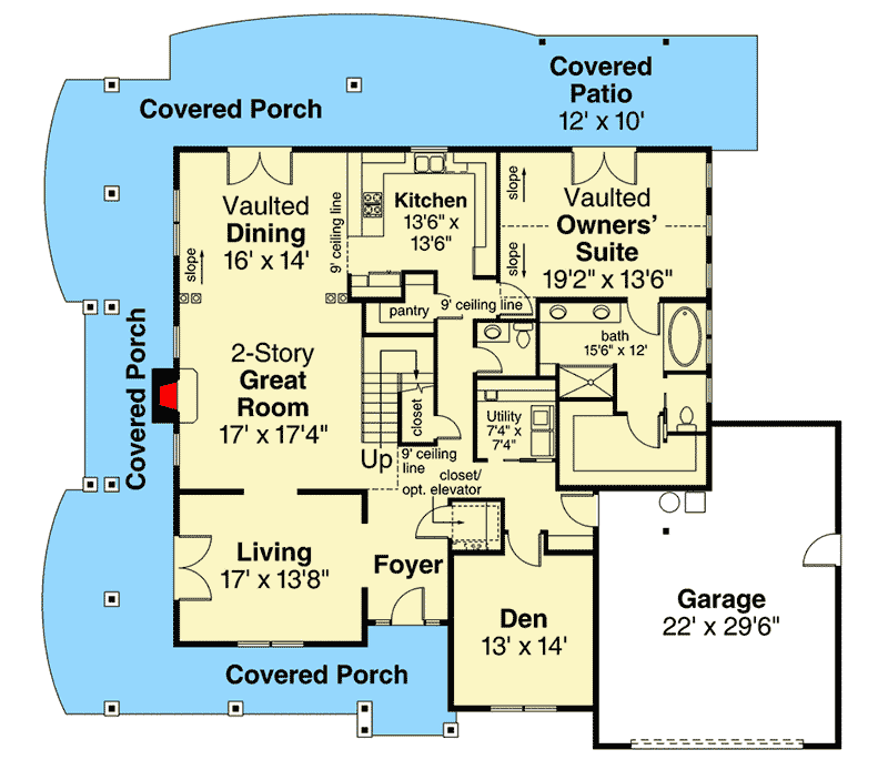 Plan 72894DA: Country Home Plan with Wraparound Porch and Elevator Option - Floor Plan - Main Level - Country