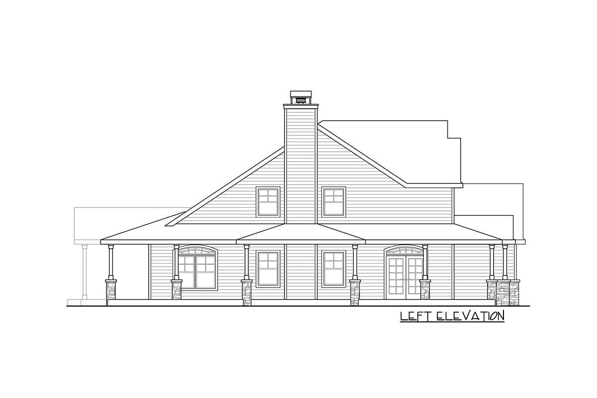 Left elevation house plan drawing with a large gabled roof, prominent chimney, and covered porch with stone-clad columns.