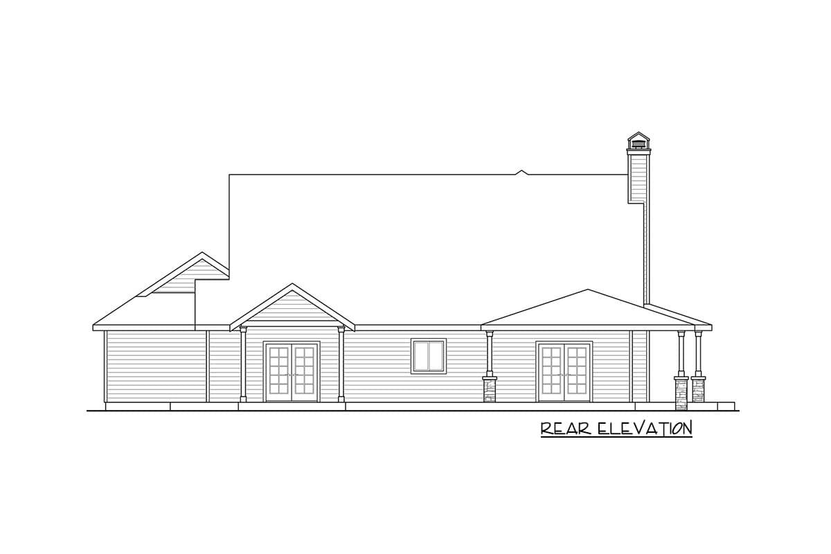 Rear elevation drawing of a house plan showing a covered porch, gables, chimney, and double doors.