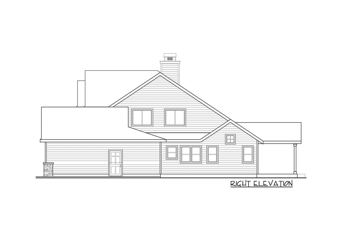 Right elevation house plan. Two stories, pitched roof, gables, dormers, chimney, door, and covered porch.
