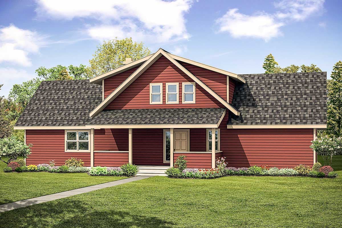 Craftsman style house plan exterior with covered front porch, prominent gables, dormers, and multi-pane windows.