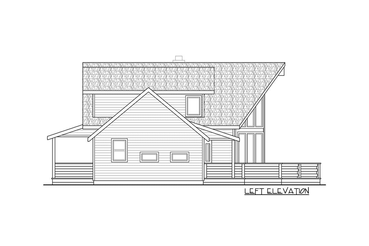 Left elevation drawing of a two-story house plan with a gable roof, porch, deck, and varied window sizes.