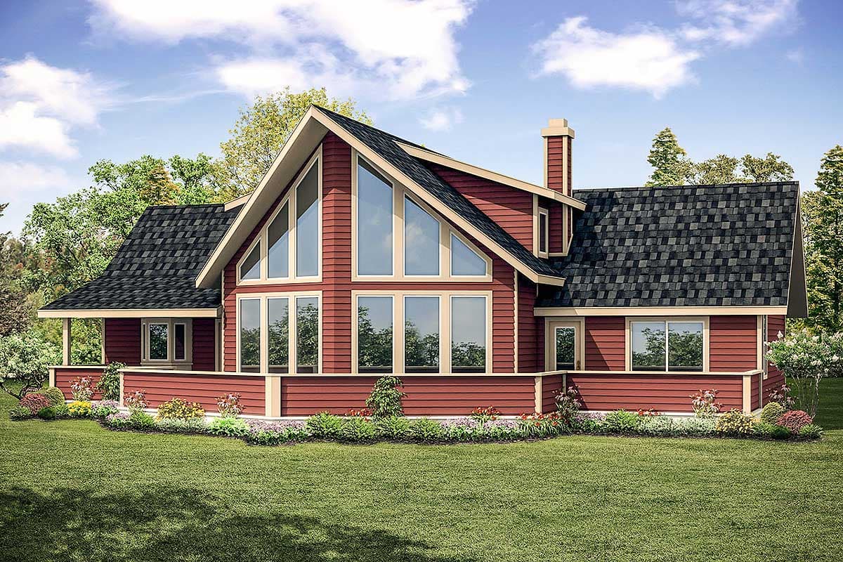 House plan exterior. Two-story with gabled roof, large triangular window feature, and a prominent chimney. Exterior has a porch.