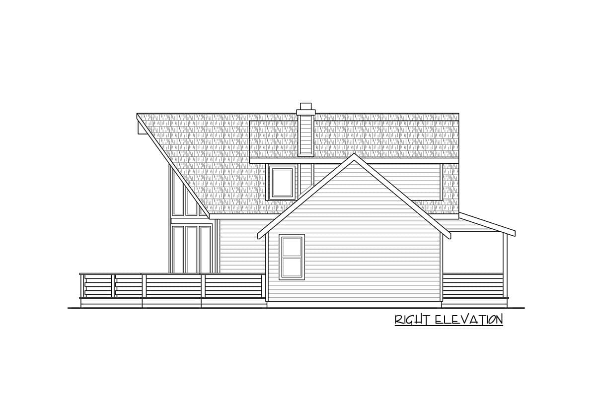 Right elevation house plan with a wrap-around deck, prominent gables, pitched roof, and covered porch.