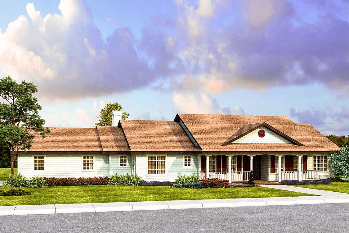 House plan exterior with Ranch style, single story, and a front porch. Features include gabled roof, dormers, and multiple windows.