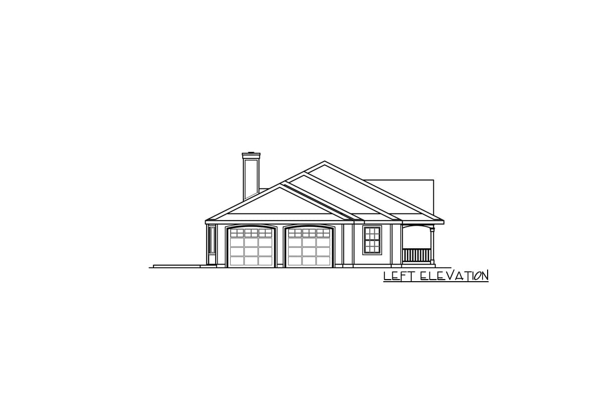 Left elevation drawing of a house plan featuring a two-car garage, gabled roof, chimney, and a covered porch.
