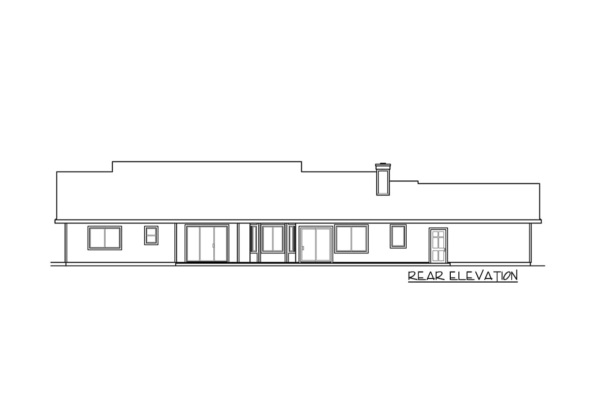 Rear elevation drawing of a single-story house plan with multiple sliding glass doors, windows, and a prominent chimney.