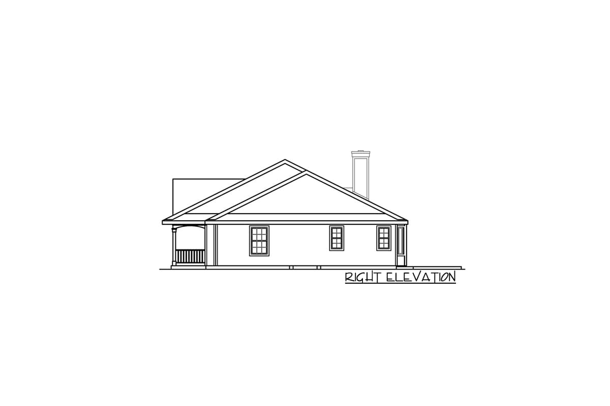 Right elevation drawing of a one-story house with a covered porch, gabled roof, and chimney.
