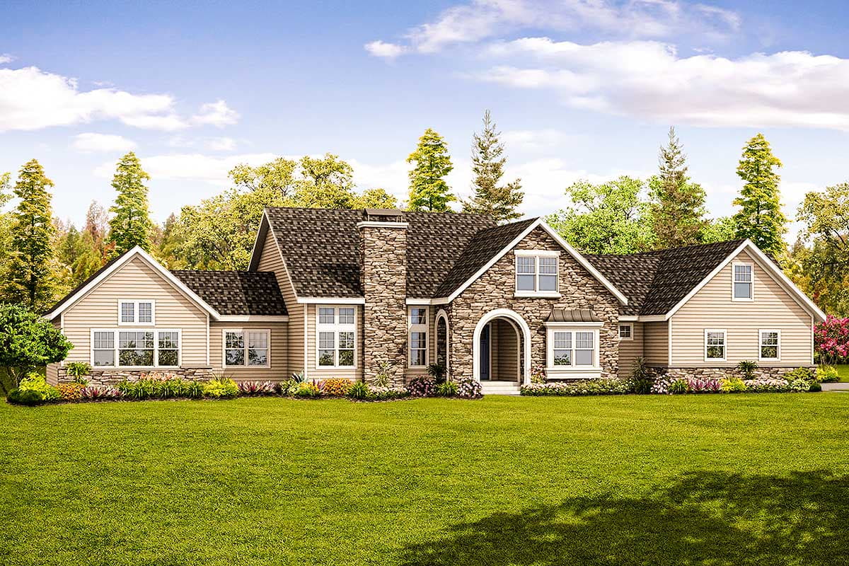 House plan exterior featuring a two-story stone and siding home. Notable features include a prominent chimney, gabled roof, and arched entry.