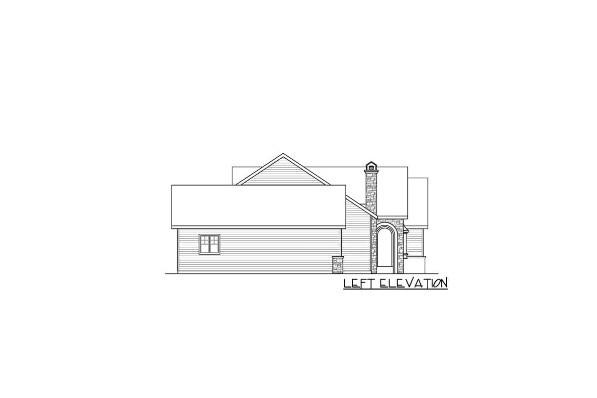 Left elevation of a house plan showing horizontal siding, a gable roof, a stone chimney, and an arched entryway.