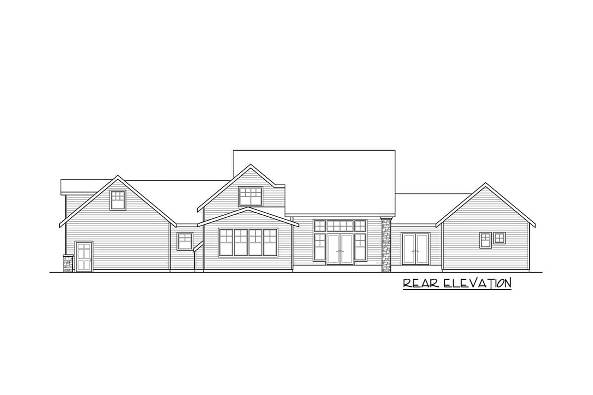 Rear elevation drawing of a one-story house with horizontal siding, gables, dormers, and double doors.