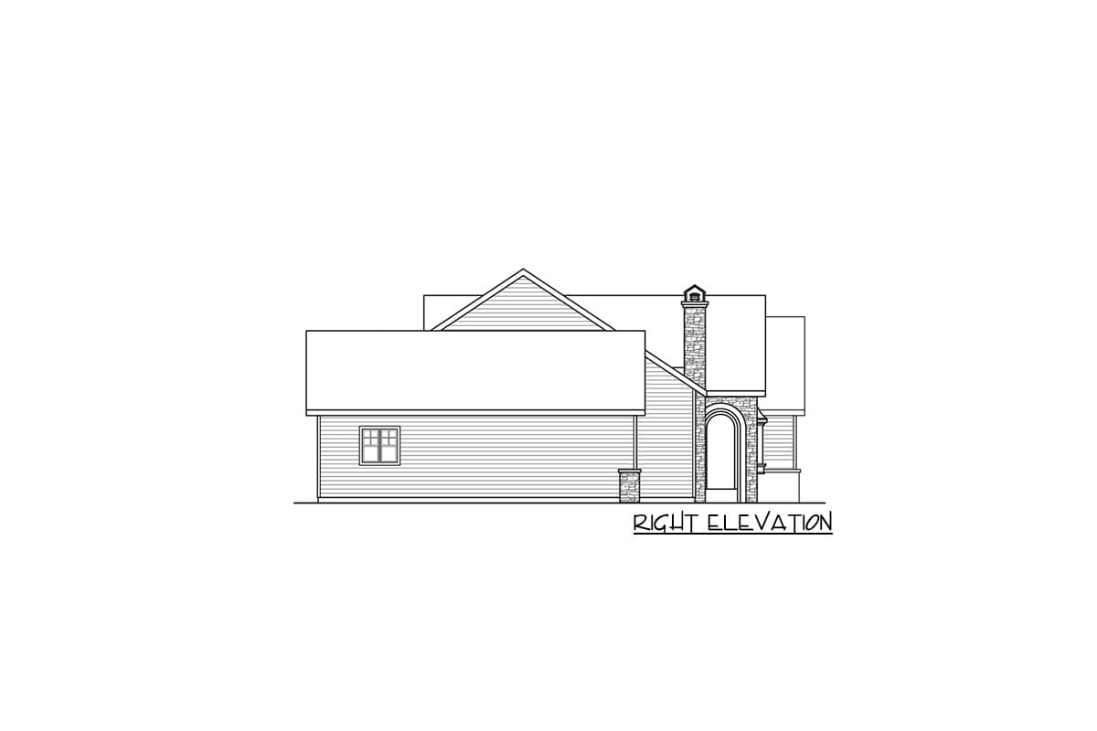 Right elevation drawing of a house plan showing siding, a gabled dormer, a stone chimney, and an arched entry.