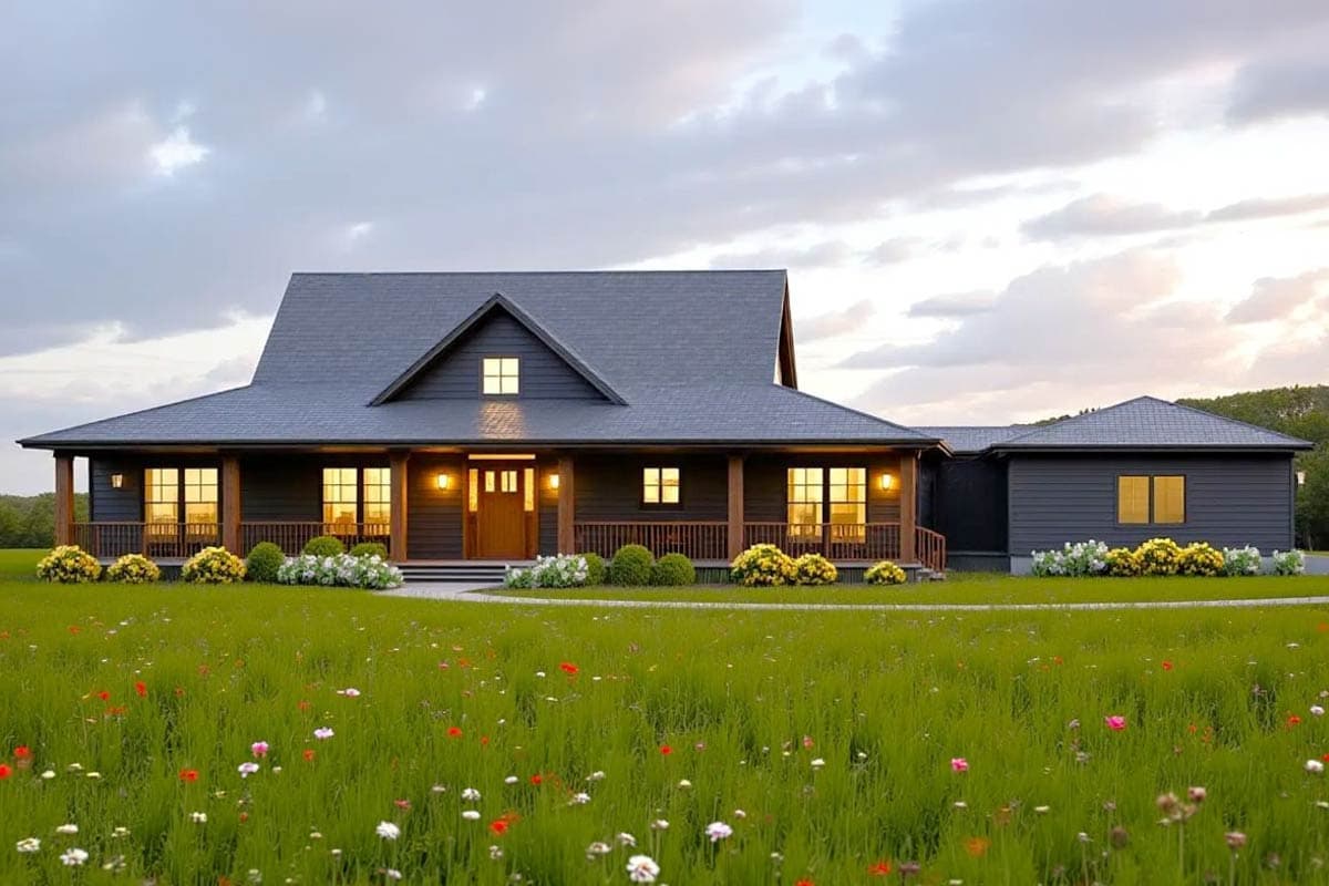 Modern farmhouse house plan exterior with wide porch, prominent gable, and attached garage.