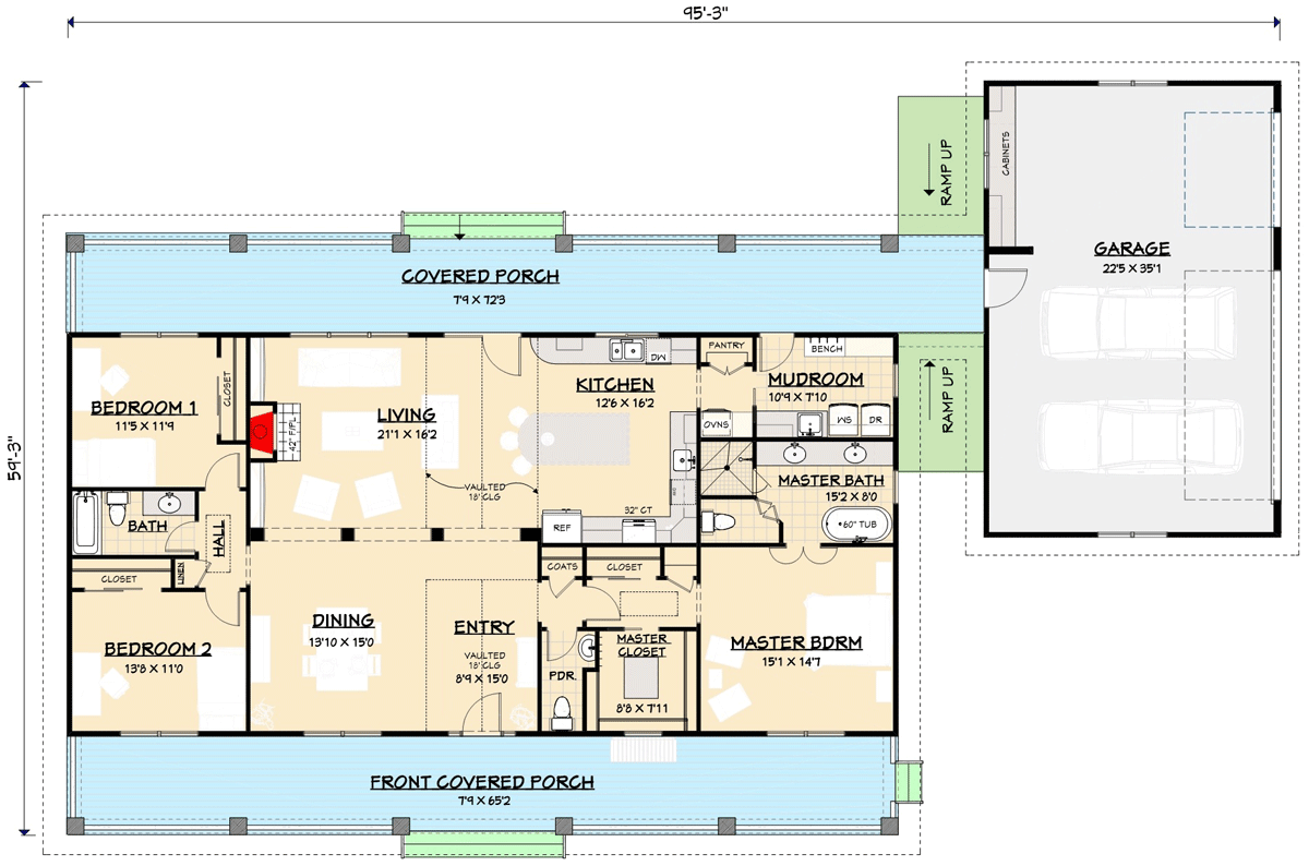 Plan 28915JJ: Flexible Country Farmhouse House Plan with Sweeping Porches Front and Back - 2059 Sq Ft - Floor Plan - Main Level - Country, Farmhouse, Modern Farmhouse, Ranch, Southern, Traditional