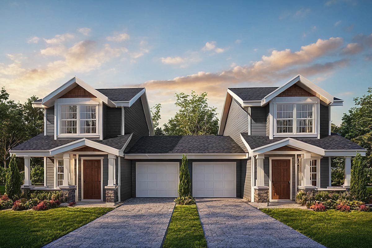House plan exterior. Two-story Craftsman-style homes. Features include gabled rooflines, covered front porches with columns, and attached garages.