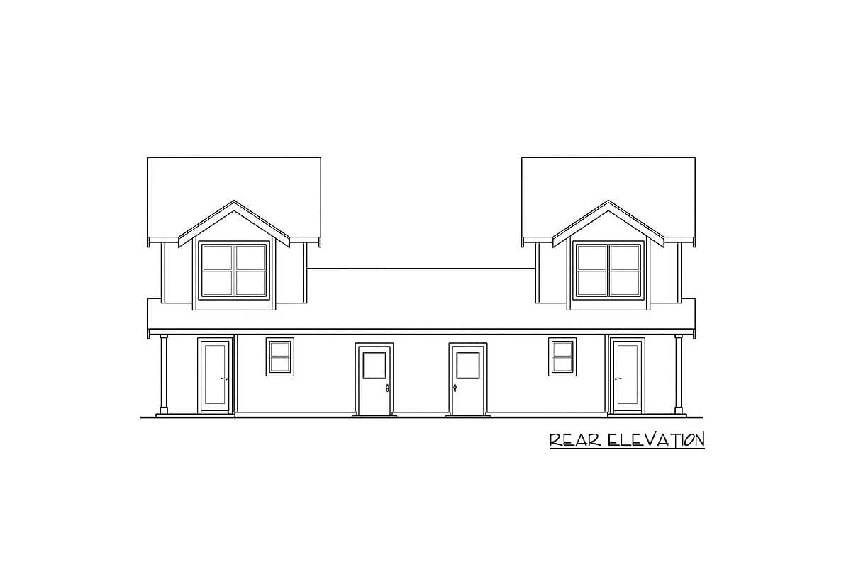 Rear elevation drawing of a two-story duplex with gabled dormers and two sets of paired entrances.