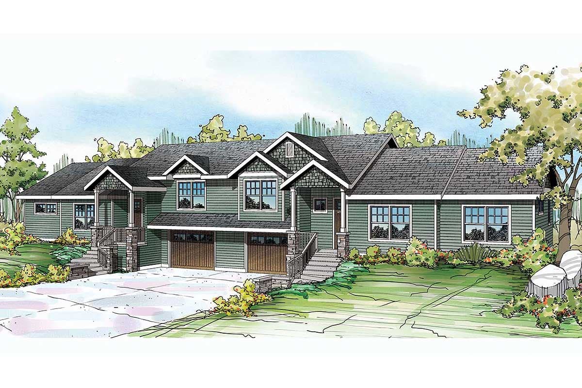 House plan exterior. Two-story Craftsman style home with gabled roof, covered porch, and attached garage. Stone-clad porch supports.