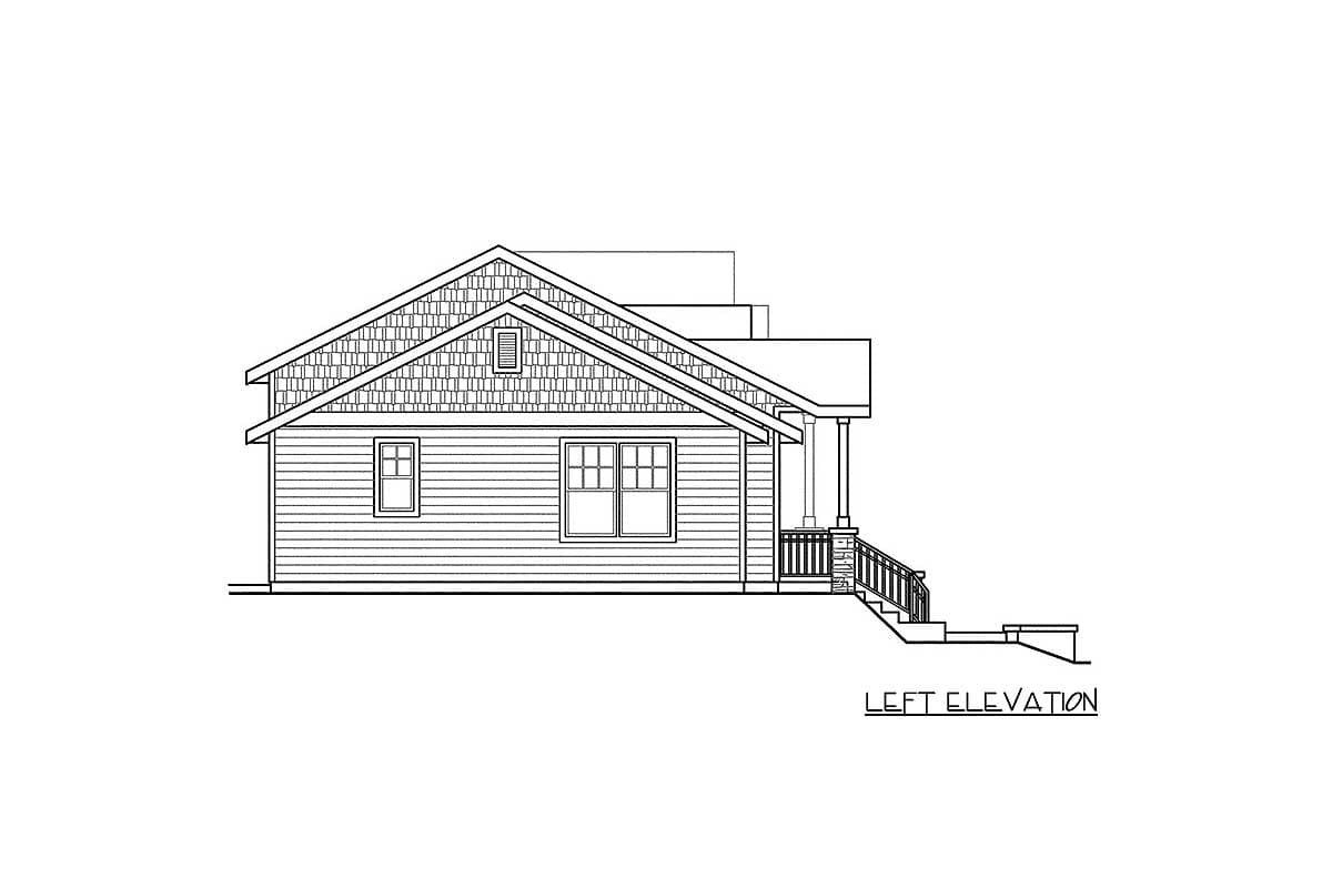 Left elevation drawing of a one-story house with a gabled roof, dormer, and covered porch with railings.