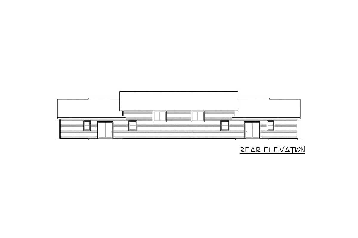 Rear elevation drawing of a house plan showing a symmetrical facade with a central section and two flanking wings, each with a door and windows.