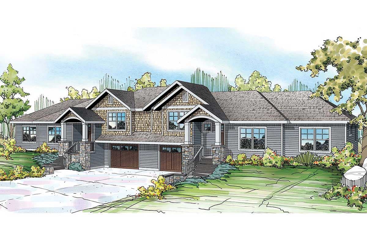 House plan exterior. Craftsman-style home with gabled roof, stone-clad porch columns, and two-car garage. Features lap siding and dormers.
