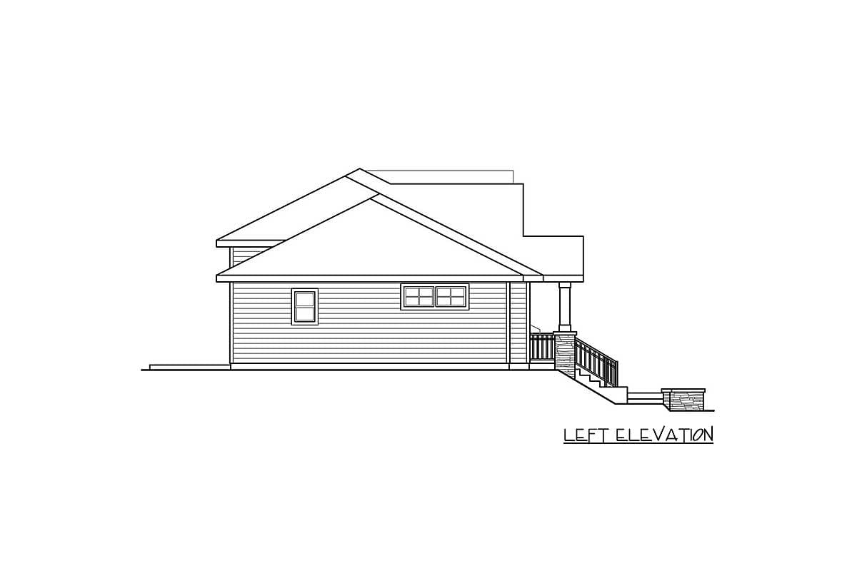 Left elevation drawing of a single-story house plan with hip roof, clapboard siding, porch, and two windows.