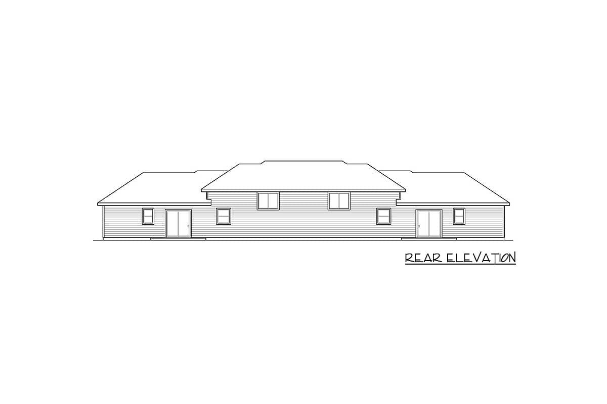 Rear elevation drawing of a single-story house plan featuring a symmetrical facade with two doors and multiple windows.