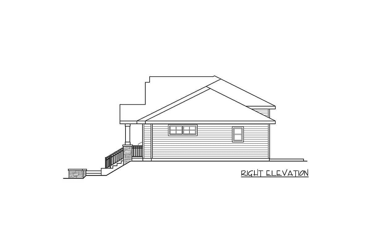 House plan right elevation showing a side view with siding, a pitched roof, porch columns, and windows.