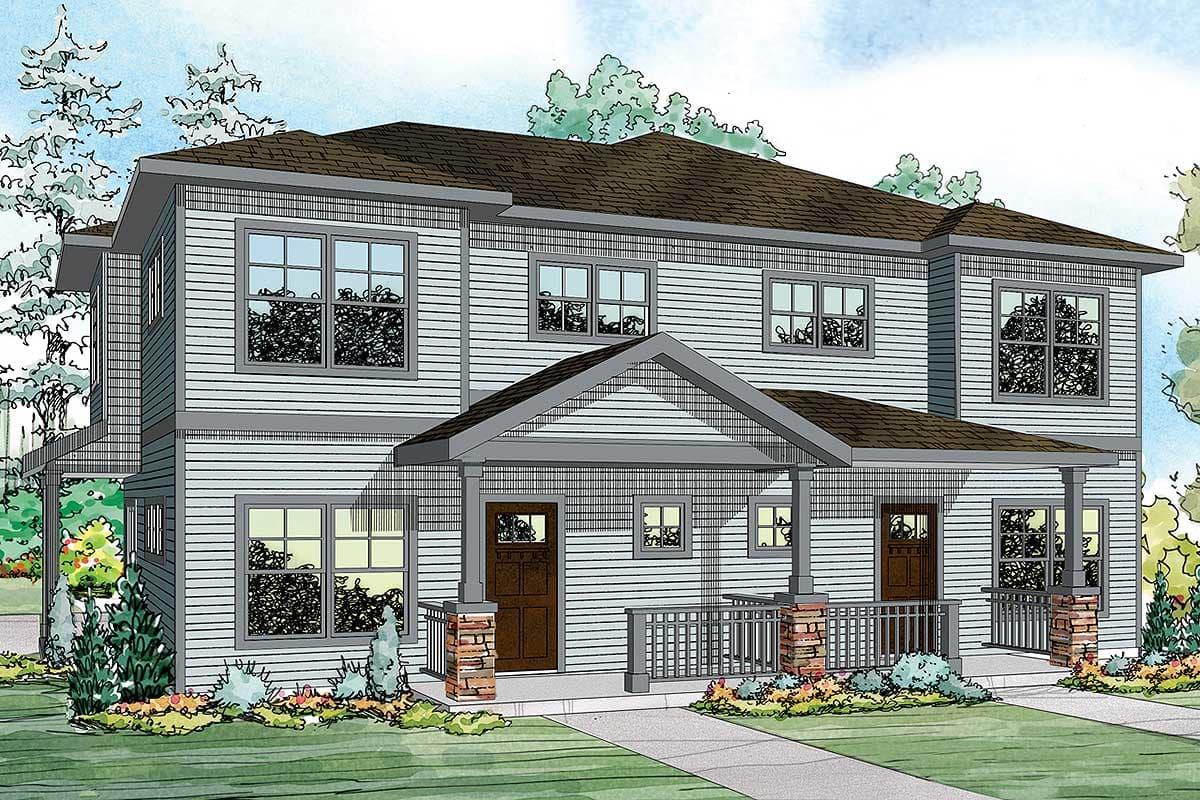 House plan exterior. Two-story home with Craftsman style elements. Features include a front porch, gabled roof, and multiple windows.
