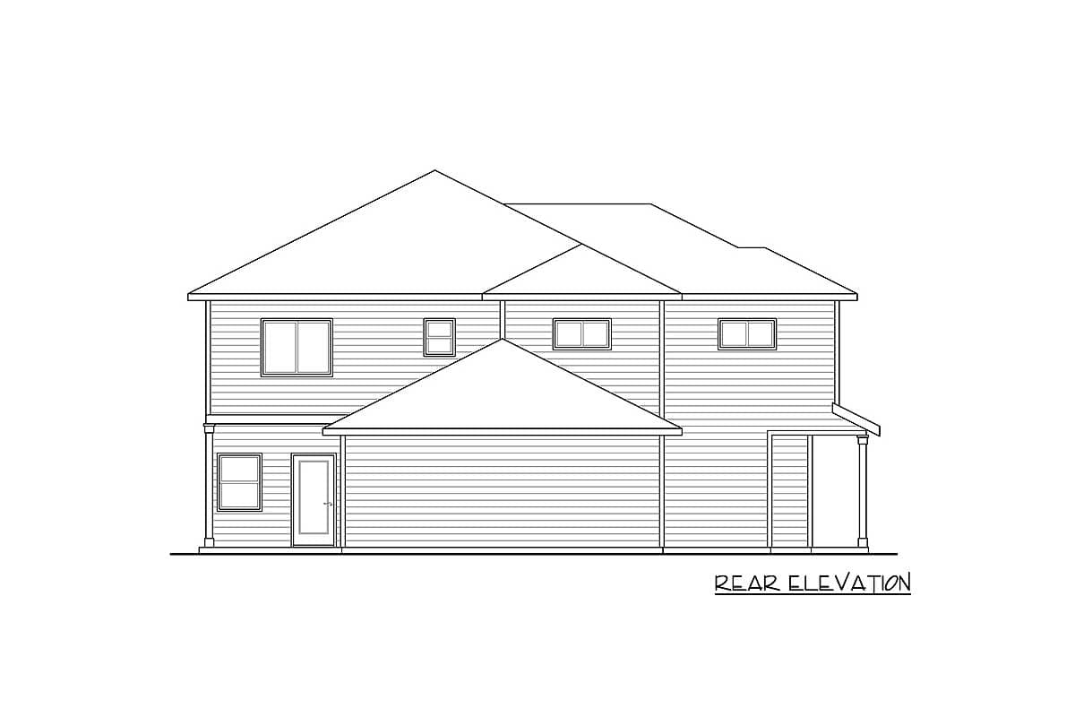 Rear elevation drawing of a two-story house plan with lap siding, multiple gables, and a covered entry.