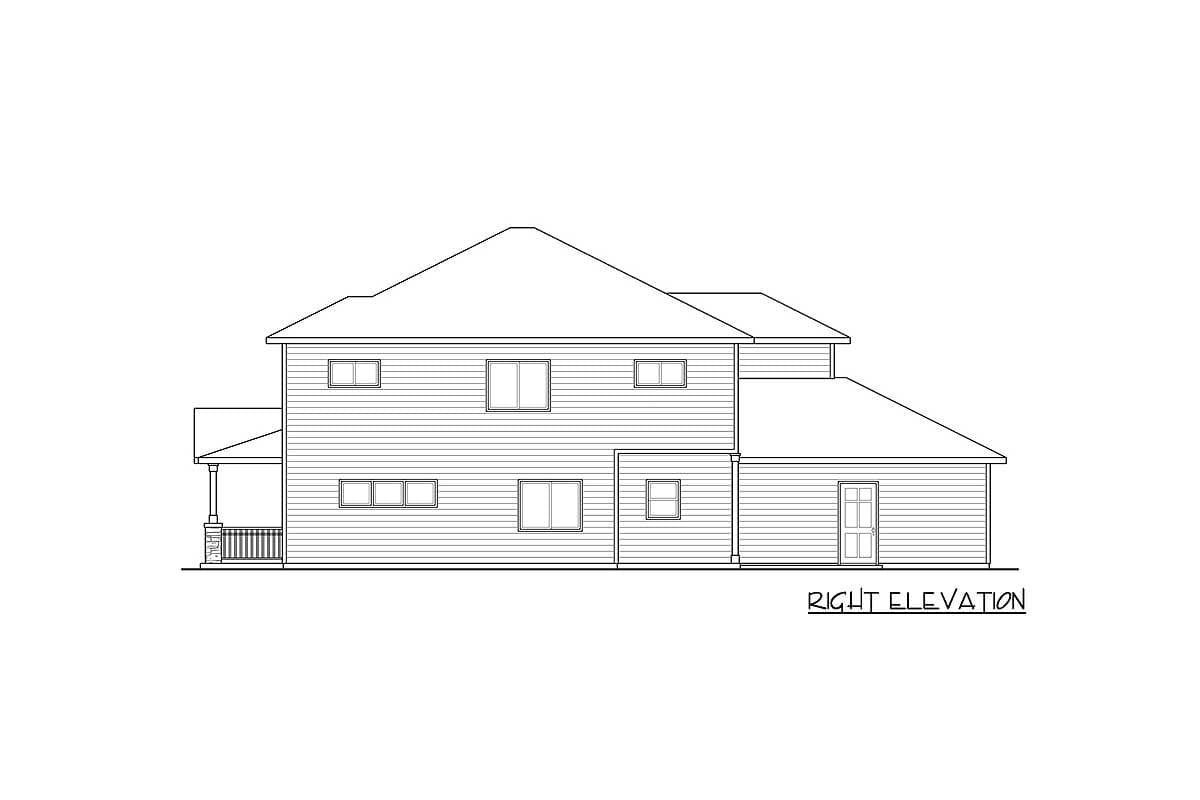 Right elevation drawing of a two-story house plan, showing multiple windows, a covered porch, and a single-door garage.