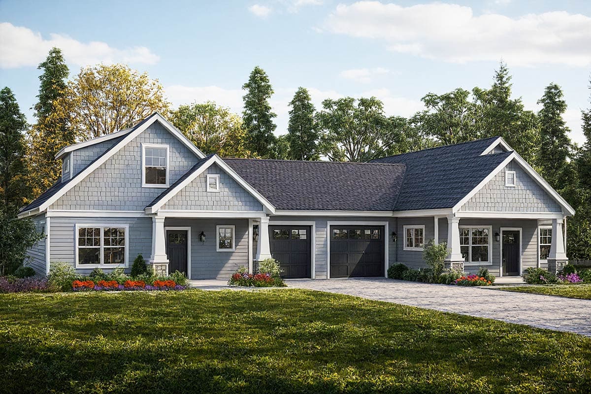 House plan exterior with Craftsman style, single story, and a gabled roof. Features include a front porch with columns and multiple dormers.