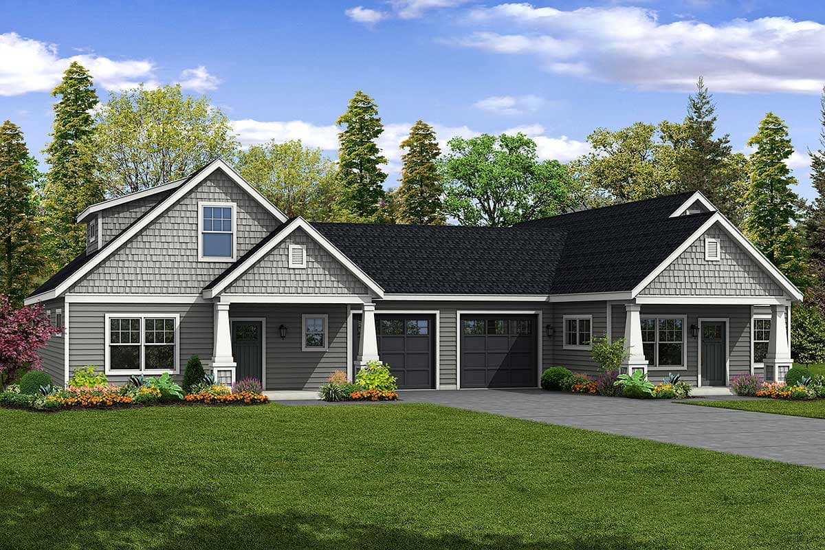 House plan exterior: One-story Modern Farmhouse with gable dormer, shingle siding, and attached three-car garage.