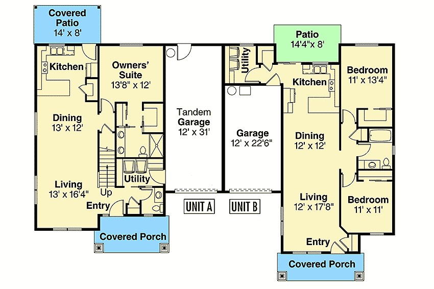 Plan 72901DA: Cottage Duplex House Plan with Two Unique Units - Floor Plan - Main Level - Cottage, Country, Traditional