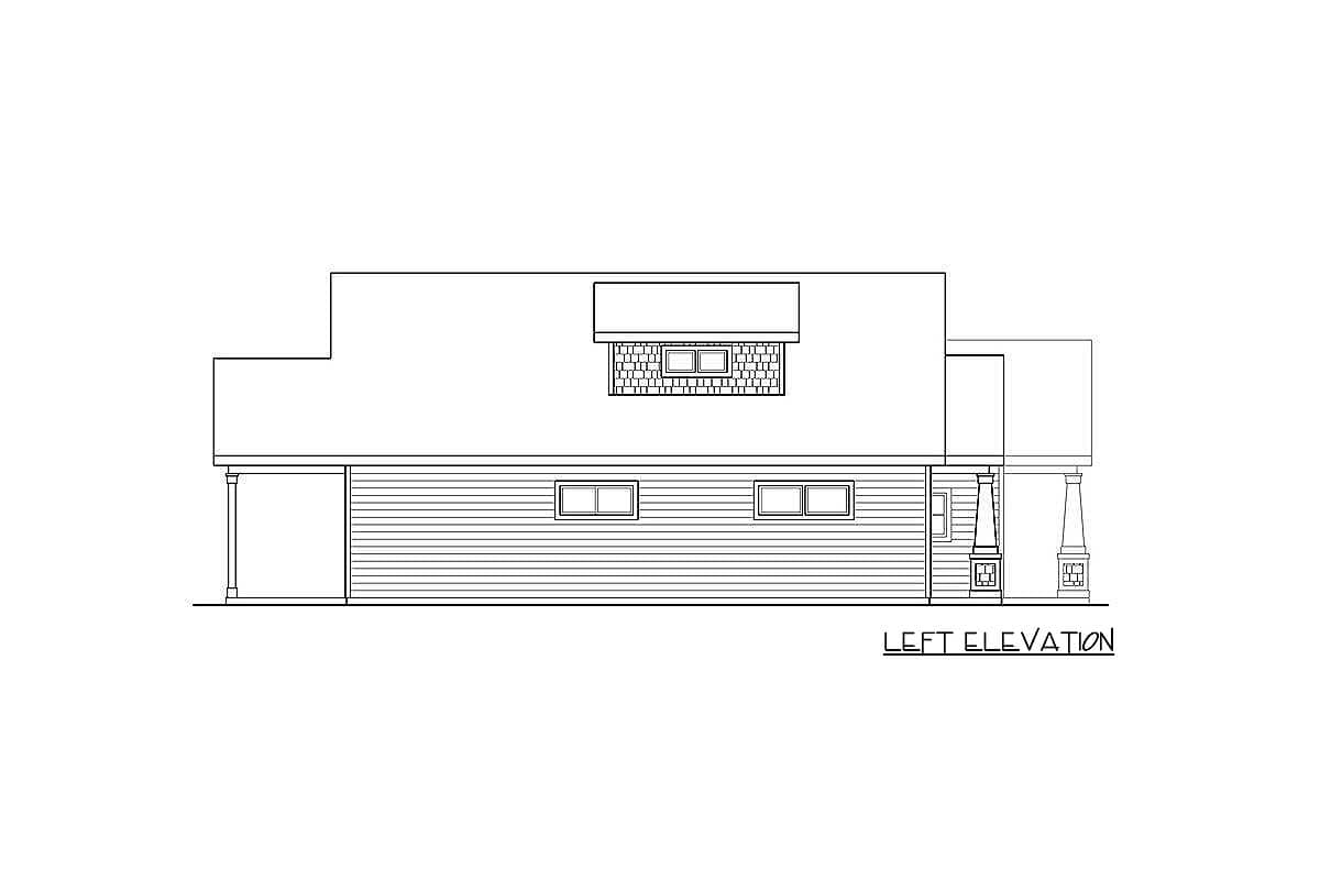 Left elevation house plan drawing showing horizontal siding, two windows, a dormer with two windows, and columned porch supports.