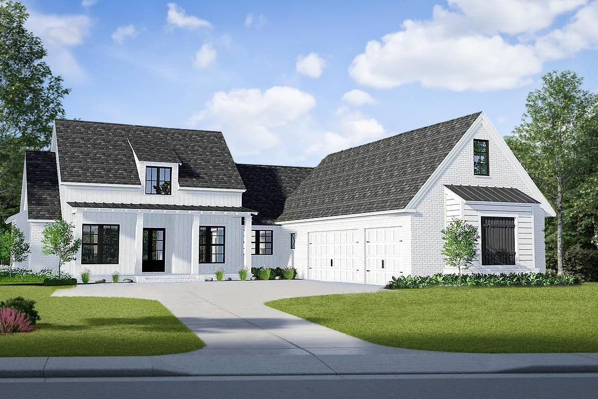 House plan exterior rendering. Modern Farmhouse style with two stories, gabled rooflines, a front porch, and a side-entry garage.