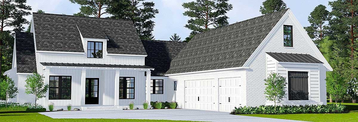 Modern Farmhouse house plan exterior with covered porch, dormer window, and a two-car garage.