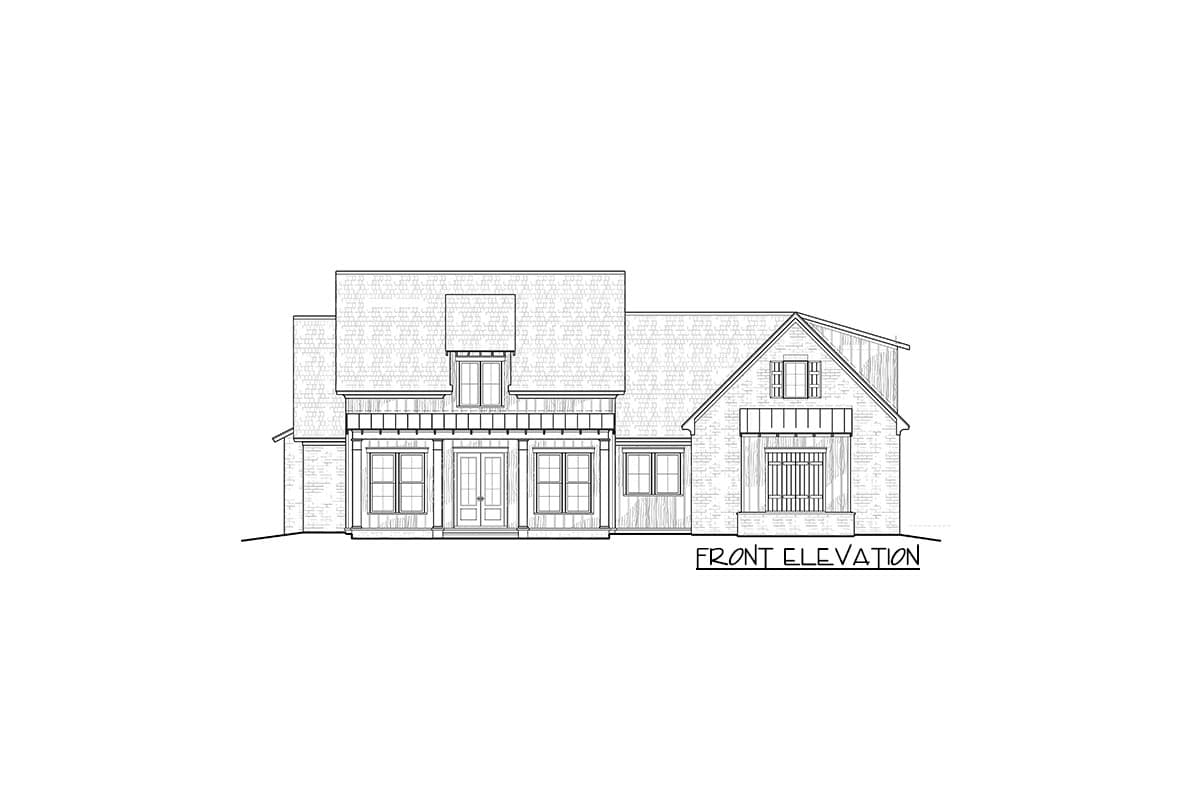 Front elevation drawing of a two-story house with a covered porch, dormer window, and brick detailing.
