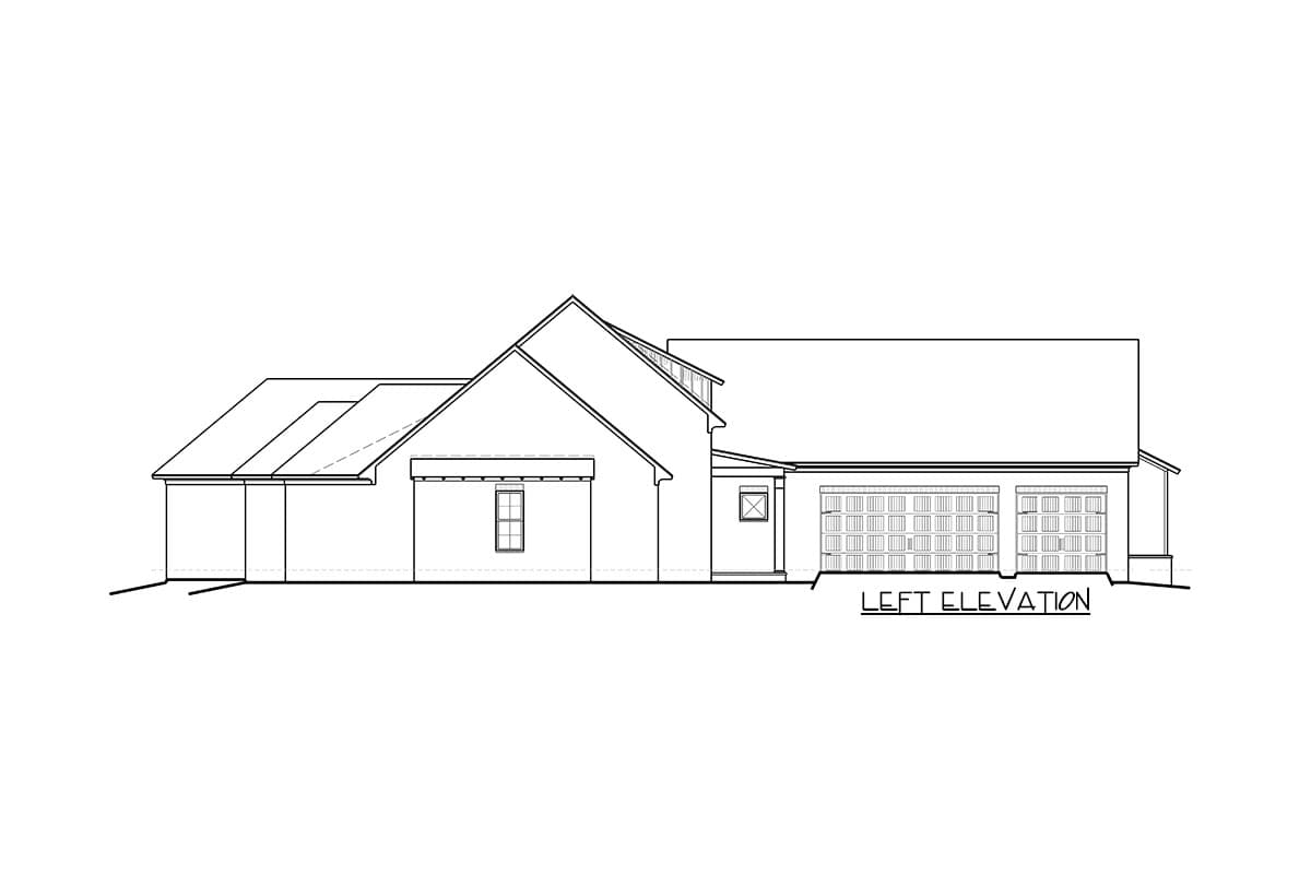 Left elevation drawing of a house plan with a prominent gable, dormer, and a three-car garage.