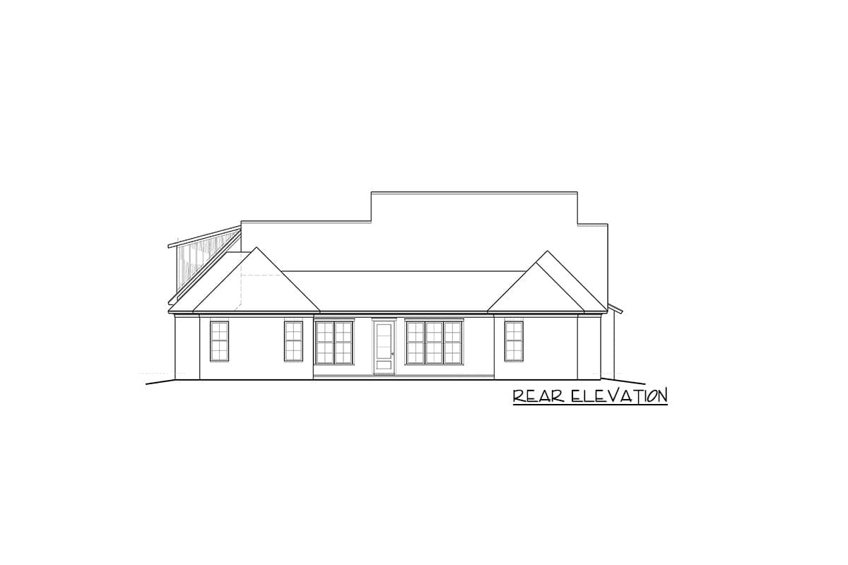 Rear elevation drawing of a house plan, featuring multiple gables and a central doorway with adjacent windows.