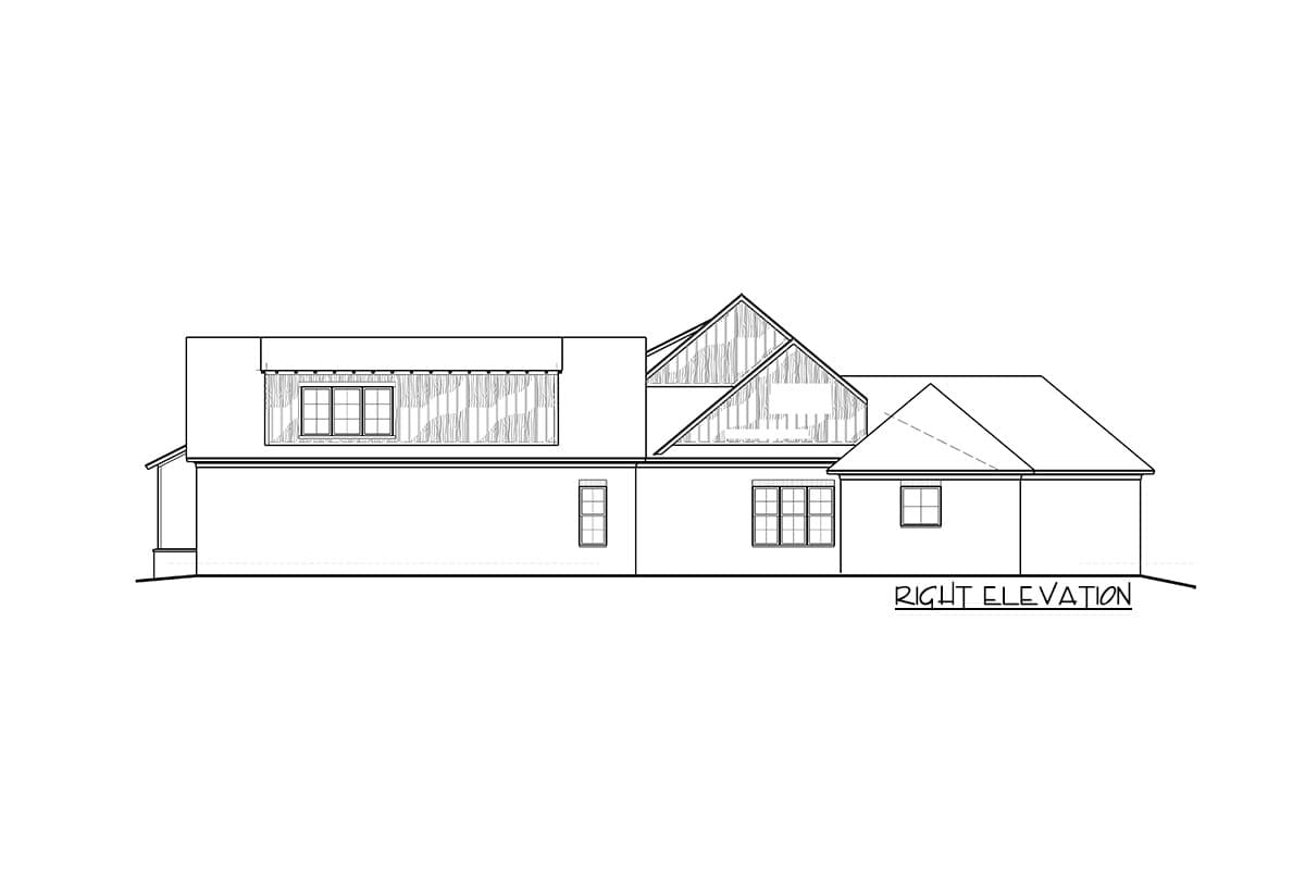 Right elevation house plan showing a two-story structure with gabled dormers, multiple window types, and a projecting section.