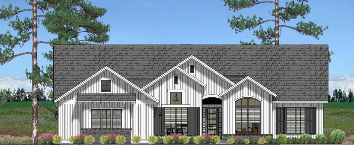 Modern Farmhouse house plan exterior with multiple gables, board and batten siding, stone accents, and arched entryway.