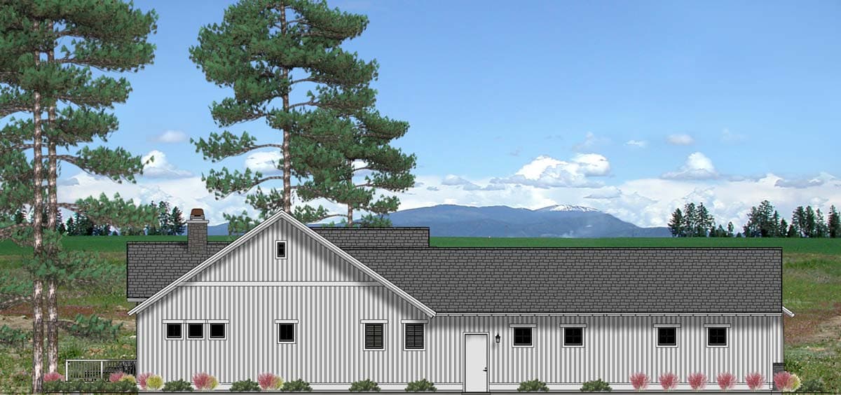 House plan exterior: Gable roof, vertical siding, prominent chimney, and multiple rectangular windows. Low-pitch roof extension to the right.