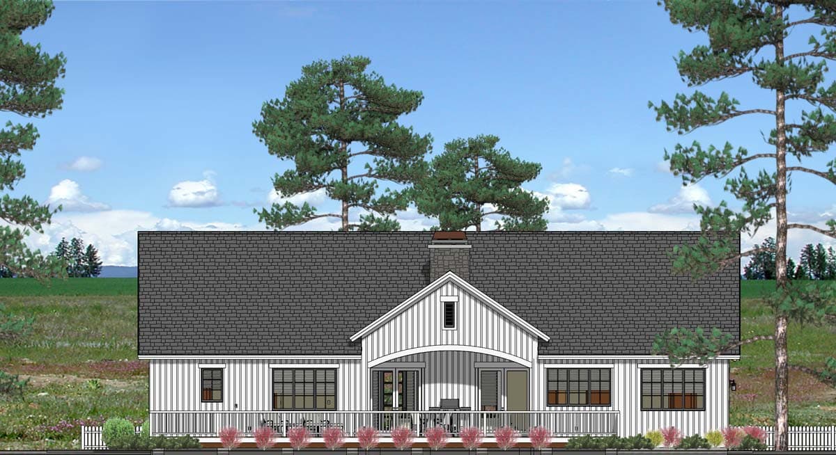 House plan exterior: Modern Farmhouse style, one story, with a prominent gable, covered porch with arched opening, and stone chimney.