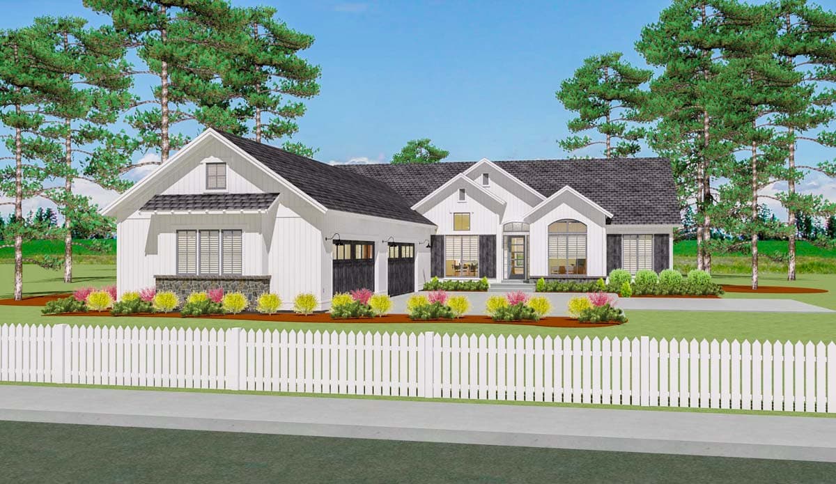 House plan exterior. Modern Farmhouse style with two stories, gables, a covered porch, and a side-entry garage. White siding and dark roof.