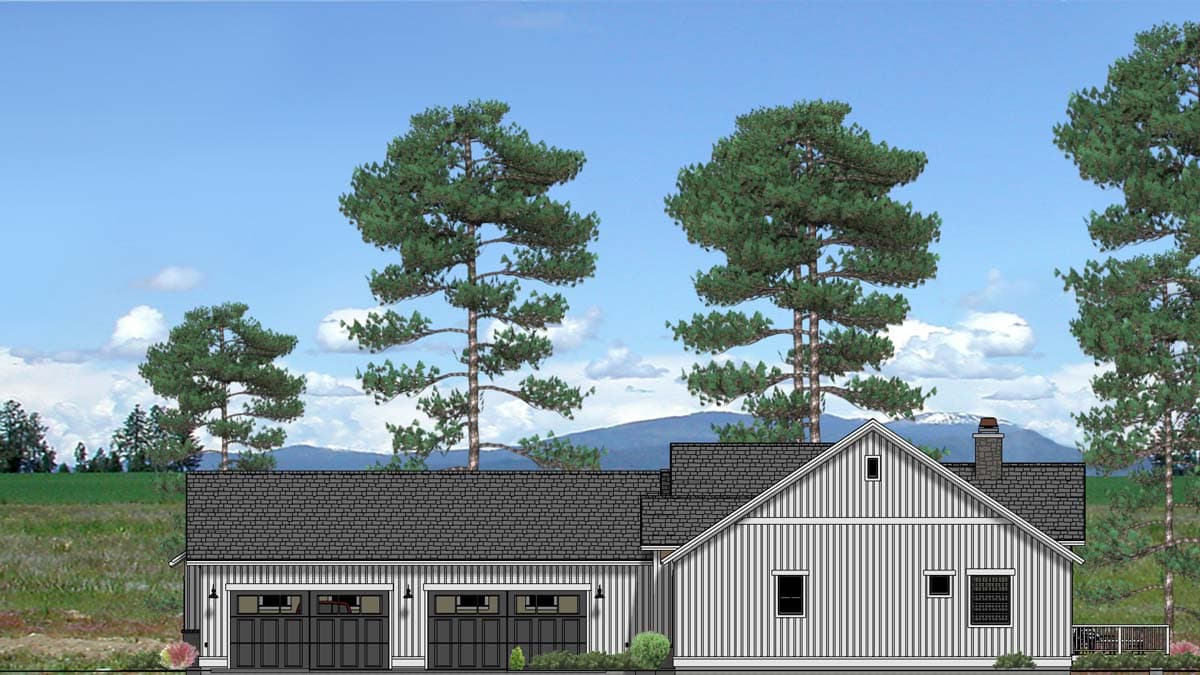 House plan exterior featuring a Modern Farmhouse style with a 3-car garage, board and batten siding, gables, and a prominent gable dormer.