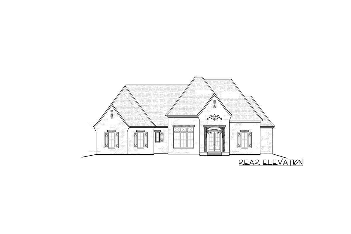 Rear elevation house plan with arched entry, multi-level rooflines, and decorative window shutters.