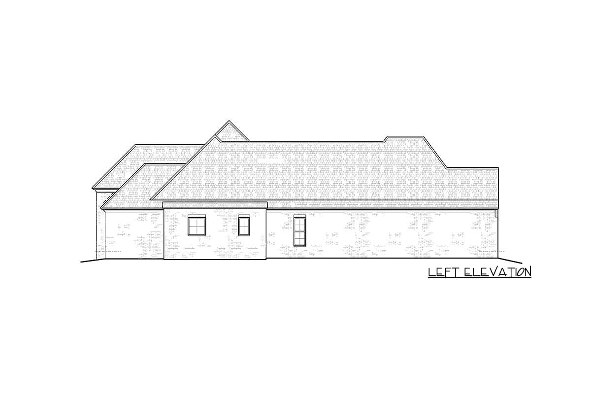 Left elevation drawing of a house plan with varied rooflines and brick texture.